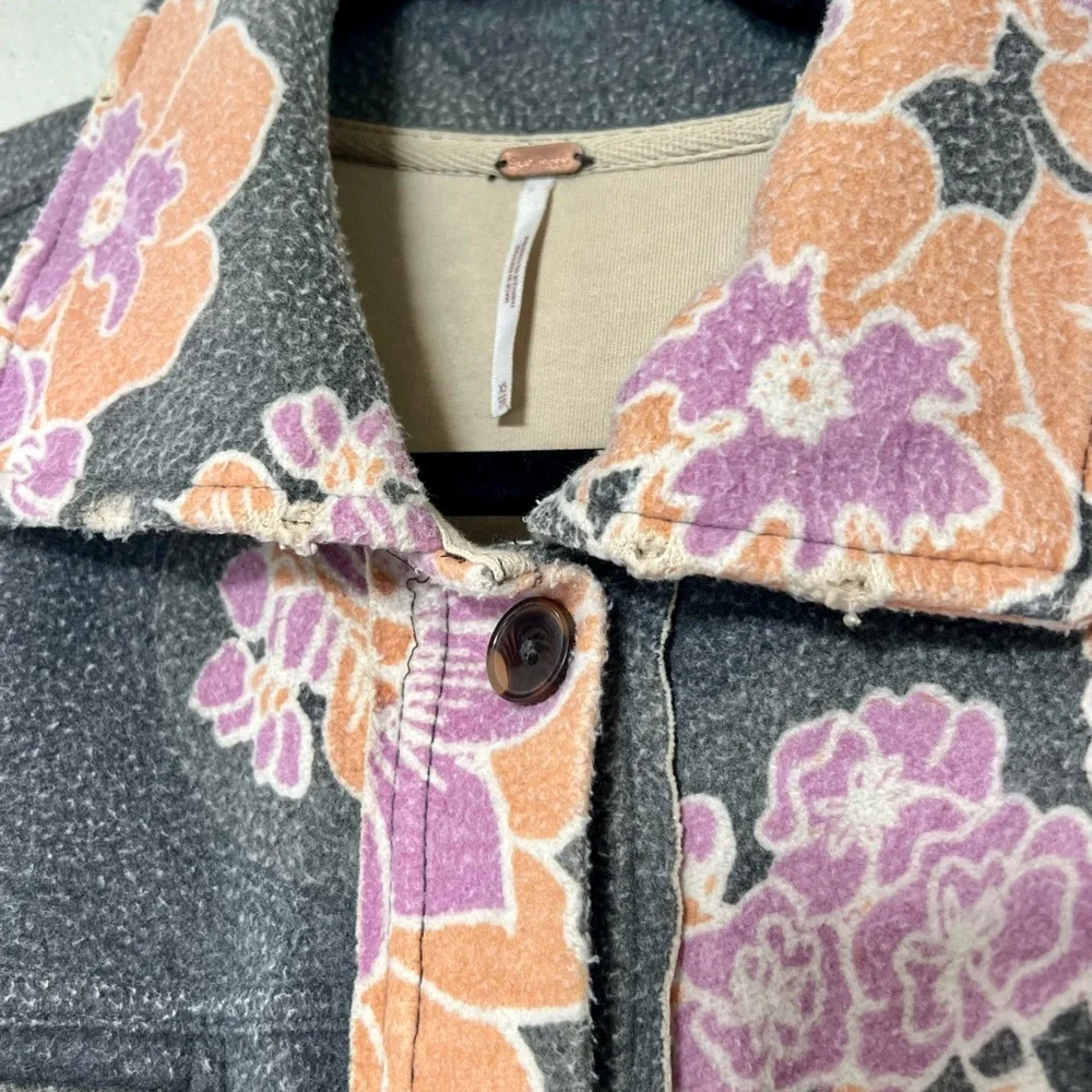 Free People Ruby, Charcoal Floral Button-Up Shacket with Peach & Lavender Prints - Picture 5 of 12